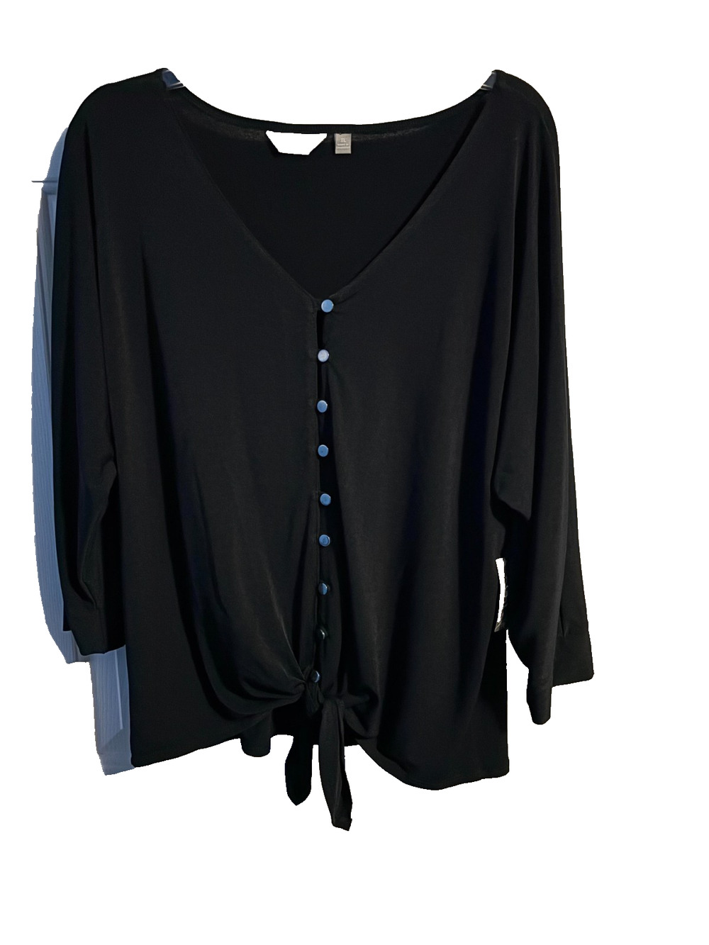 Coral Bay Women's XL Black Faux Button Front Tie-Hem Dolman Sleeve Blouse NWT